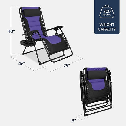 Best Choice Products Oversized Padded Zero Gravity Chair, Folding Outdoor Patio Recliner, XL Anti Gravity Lounger for Backyard w/Headrest, Cup Holder, Side Tray, Polyester Mesh - Black/Purple