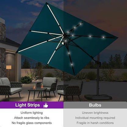 PURPLE LEAF 10 Feet Patio Umbrella with Base Outdoor Solar Powered LED Swivel Square Umbrella Offset Umbrella with 360-degree Rotation for Garden Deck Pool Patio, Turquoise Blue