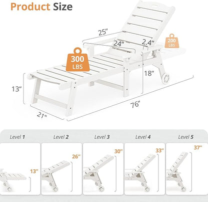LUE BONA Outdoor Chaise Lounge Chairs Set of 4, HDPS Chaise Lounger, 5 Positions Adjustable Lounge Chairs, Pool Lounge Chair with Wheels for Poolside, White