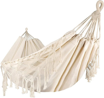 Bellzacasa Double Hammock, Heavy Duty 500 lb Load Capacity Tassels and Fishtail Knitting with Mounting Straps for Outdoor Camping Patio Balcony Beige