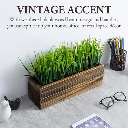 MyGift 14 Inch Artificial Green Grass Plant in Rustic Burnt Solid Wood Rectangular Crate Style Planter Box, Indoor Decor Faux Greenery in Decorative Wooden Container