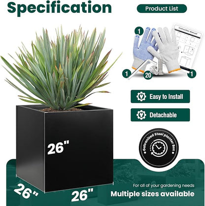 Galvanized Steel Planter Box 26Inch Black Metal Planter Large Square Indoor Outdoor Planters Cube Steel Heavy Duty Flower Pot Powder Coating Modern Commercial Residential for Patio, Yard, Garden