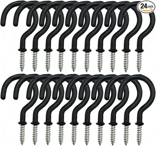 24 Pack Ceiling Hooks for Hanging Plants - 2.2 inches Heavy Duty, Hanging Hooks for Christmas Lights, Cups, Decors - Black Vinyl Coated Screw in Plant Hanger Hook Indoor and Outdoor
