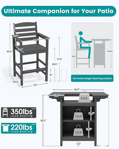 SERWALL Outdoor Bar Table Set (1 Table with 2 Chairs) – HDPE Grey Patio Bar Cabinet with 4-Tier Storage & Spacious Tabletop, Perfect for Outdoor, Poolside, Backyard