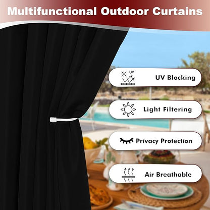 HolidayIdeas Grommet Outdoor Curtains for Patio Waterproof 8 Pcs All Weather Balcony Black Outside Curtains for Apartments, Gazebo, Pergolas, Porch, 54x108 Inch
