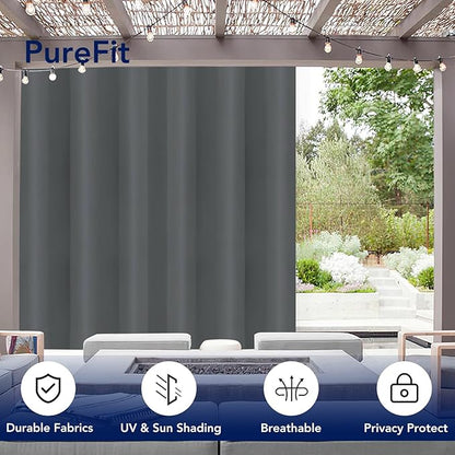 PureFit Outdoor Curtains for Patio Waterproof Weatherproof, UV Resistant Outside Curtains for Gazebo, Front Porch, Pergola, Sun Blocking Privacy Curtain, 100W x 95L inch, 1 Panel, Gray