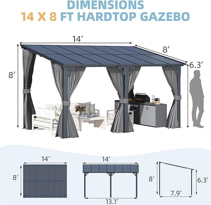 AECOJOY 14' x 8' Gazebo Outdoor Pergola, Hard Top Lean to 8x14 Gazebo with Curtains and Netting, Pergolas and Gazebos Clearance with Patio Roof, Large Wall-Mounted Heavy Duty Awnings for Patio, Decks