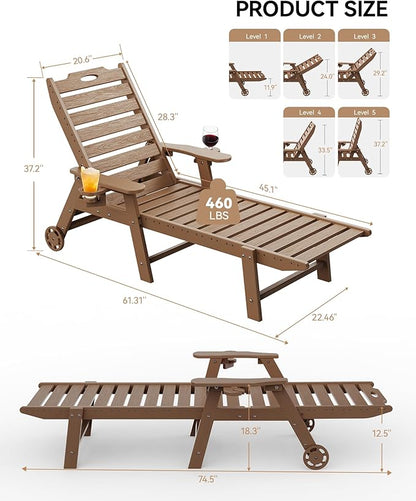 Carauci Lounge Chair Outdoor Set of 2, HDPE Chaise Lounge with Wheels, 5-Position Adjustable Backrest & 2 Cup Holders Patio Lounge Chair, All-Weather Pool Sun Lounger for Poolside, Backyard, Teak