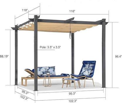 PURPLE LEAF 10' x 10' Aluminum Outdoor Pergola Wind-Resistant Retractable Pergola with Double Sun Shade Canopy Heavy-Duty Metal Pergola for Patios Backyard Deck Garden, Khaki