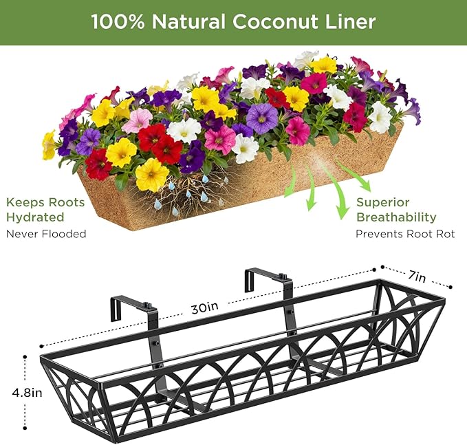Y&M 30 Inch Fence Metal Hanging Flower Planter Window Basket Deck Railing Planter Boxes for Outdoor Garden Lawn, Window Deck with Coco Liner,6pcs