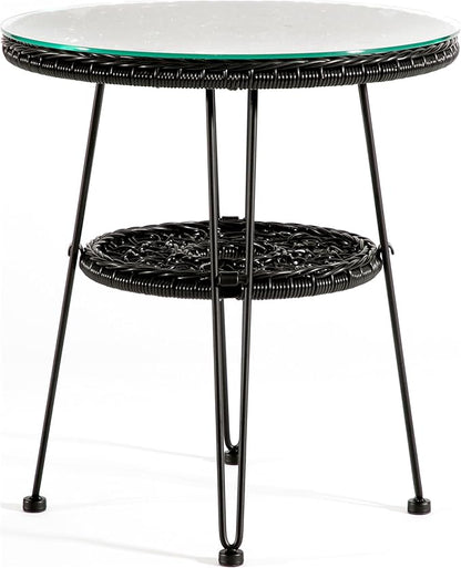 Furniture of America Ysar Boho 19-inch Round Coffee Table Outdoor with Tempered Glass Top and Metal Frame, Handcrafted Coastal Furniture for Patio, Poolside, Garden, Yard, Black