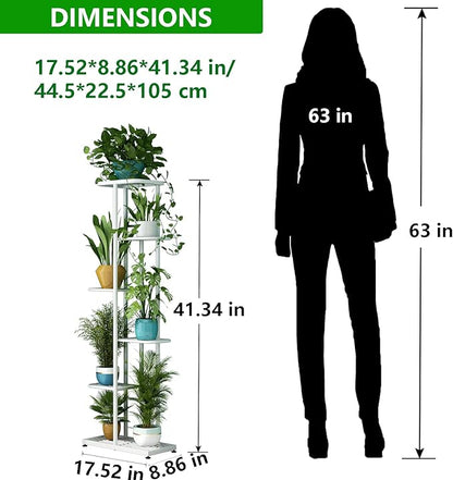 LINZINAR Plant Stand Metal 6 Tier 7 Potted Multiple Flower Pot Holder Shelf Indoor Outdoor Planter Display Shelving Unit for Patio Garden Corner Balcony Living Room (6 Tier 7 Potted, White)