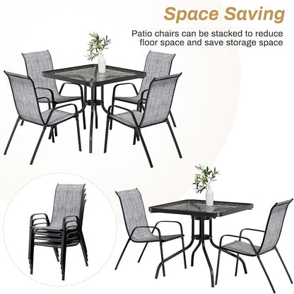 Arlopu 5 Piece Outdoor Patio Dining Set (Umbrella not Included), Porch Furniture with 4 Textline Chairs, 1 Square Glass Table for Garden, Backyard and Poolside, Lawn (Grey)