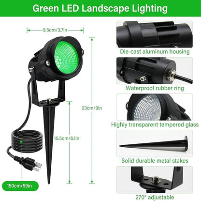 Green Outdoor LED Spot Lights for Yard & Garden – 12W Landscape Lighting, Christmas & Holiday Decor, Adjustable Beam,4Pack