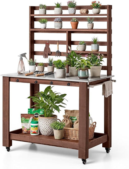 VEVOR Potting Bench Table, Outdoor Gardening Workstation with 45 x 26 in Stainless Steel Tabletop, Storage Shelves, 4 Casters, Hooks, Garden Planting Work Station for Outside Patio, Backyard, Brown