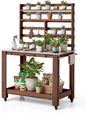 VEVOR Potting Bench Table, Outdoor Gardening Workstation with 45 x 26 in Stainless Steel Tabletop, Storage Shelves, 4 Casters, Hooks, Garden Planting Work Station for Outside Patio, Backyard, Brown