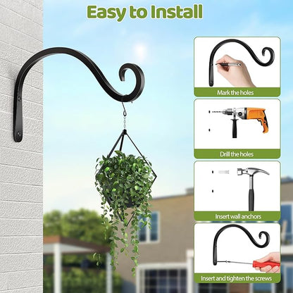BOLITE Plant Hangers Outdoor Indoor, 12 Inch Wall Plant Hooks, Metal Bird Feeder Hanger for Hummingbird Feeders, Planters, Lanterns, Wind Chimes, Home Decor, 2 Pack, Black, Gifts for Women Men