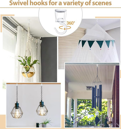Mkono Ceiling Hooks for Hanging Plants, Heavy Duty Metal Plant Hanger for Drop Ceiling, Swag Hook for Hanging Planters, Lights, Birdfeeders, Indoor Outdoor Decorative Screw-in Hooks (White 4 Pack)