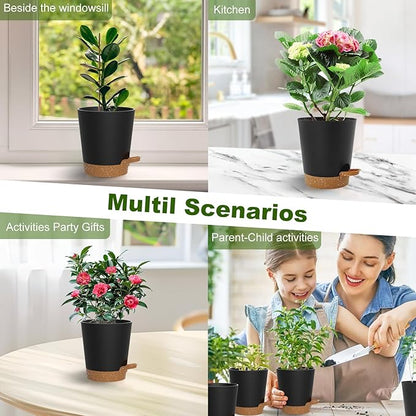 Self Watering Pots, 4 inch Flower Pots with Multi Mesh Drainage Holes, Small Platic Planters for Indoor Outdoor Garden Plants and Flowers (Black with Brown Tray, 4")