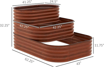 Outsunny 3-Tier Galvanized Steel Raised Garden Bed Kit, 62.25" x 43" x 32.25", 3 Combining Planter Boxes with Rubber Strip Edging, Open Bottom for Backyard, Garden, Patio, Brown