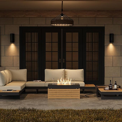 homary Patio Conversation Sets with Fire Pit-Modular Outdoor Sofa Aluminum & Teak Outdoor Sofa Se with Glass Wind Guard Ideal for Patios & Balconies, 6 Pepole, Beige