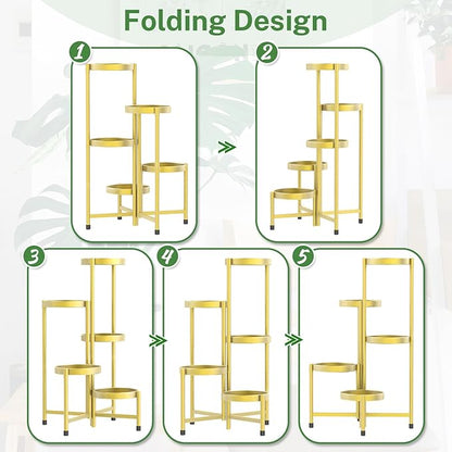 iDavosic.ly Plant Stand Indoor Outdoor, 5 Tier Corner Metal Flower Display Holder Shelf, Easy Assembly Folding Tall Orchid Rack for Patio Balcony Porch Garden Living Room House, Gold