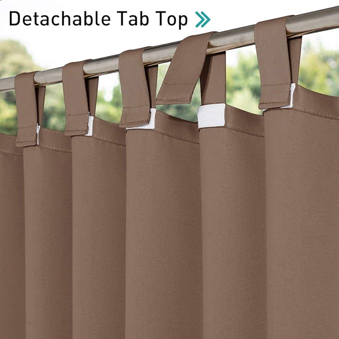 NICETOWN 2 Panels Privacy Outdoor Curtainss Weighted for Patio Waterproof, Thermal Insulated Detachable Tab Top Blackout Sliding Windproof Safe Outside Dividers for Party/Terrace, Tan, W84 x L95