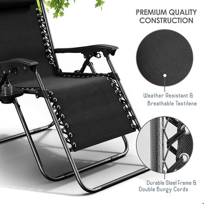 Nestl Zero Gravity Chairs, Portable Patio Lounge Chair Outdoor with Pillows & Cup Holder Trays, Adjustable Steel Mesh Reclining Camping Chair, Folding Patio Lawn Chair for Deck, Beach, Yard - Black