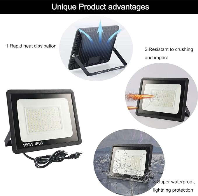 4Pack LED Flood Light Outdoor,250W LED Work Light 25500lm with 6FT US Plug,IP66 Waterproof Exterior Security Lights,6000K Daylight White Outside Floodlights Slim Design for Playground Yard