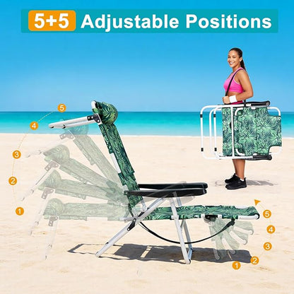ABORON Tanning Chair with Face Hole, 5-Position Adjustable Reclining Beach Lounge Chair, Folding Face Down Sun Lounger for Beach, Poolside, Patio, Lawn, Home(Tropical Leaf)