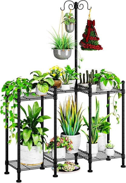 Plant Stand Indoor Outdoor, Heavy Duty Metal Waterproof 6 Tiered Plant Shelf for Multiple Flower Planter Holder Rack, Black - C6