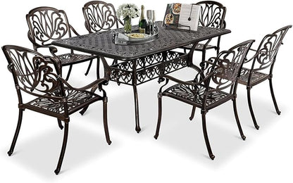 VINGLI 7-Piece Outdoor Dining Set, Cast Aluminum Patio Furniture Set for 6 with Umbrella Hole, Rectangular Outdoor Dining Table & 6 Stackable Chairs, All-Weather Garden/Poolside Dining Set Bronze