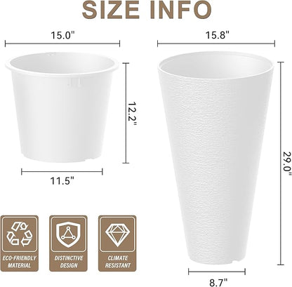 Kante Tall Round Planter Set of 2, 29 Inch Tall Decorative Planter Pots for Outdoor Indoor Garden Patio Front Porch (White)