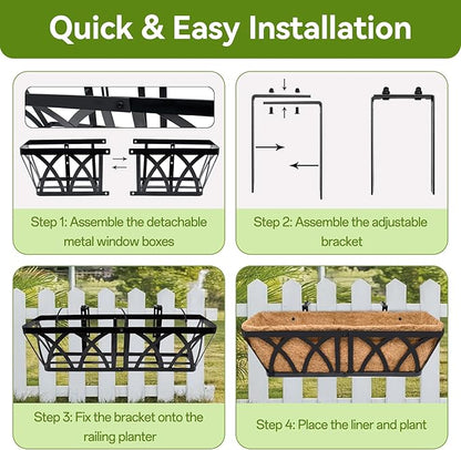 Halatool 2 Pack Heavy-Duty Metal Deck Railing Planter Box, 24 Inch Rust-Resistant Rectangular Window Boxes Planters with Coco Liner & Adjustable Brackets, Grow More On Your Balcony, Patio & Fence