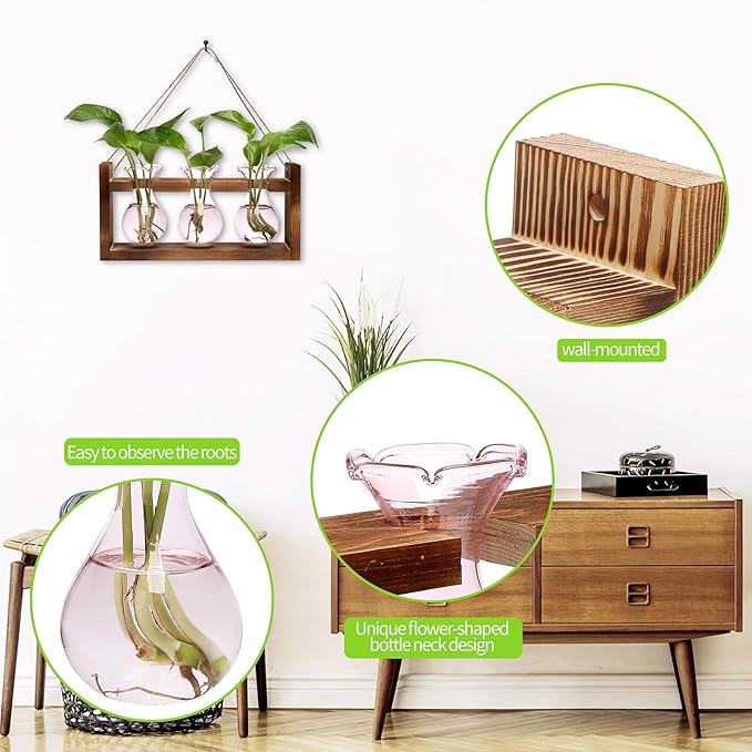Terrarium Propagation Station with 3 Pink Glass Bulbs and Wooden Stand