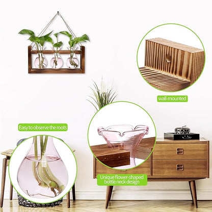 Terrarium Propagation Station with 3 Pink Glass Bulbs and Wooden Stand