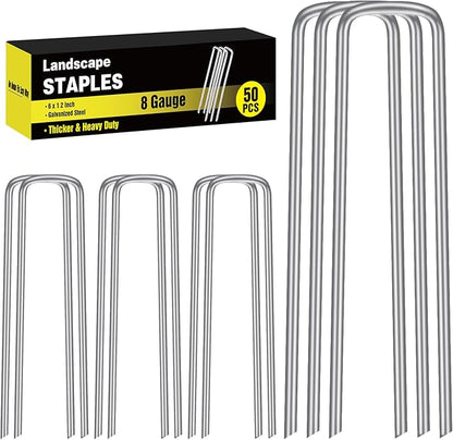 HongWay 50 Pack 6 Inch Landscape Staples, 8 Gauge Garden Stakes Heavy Duty More Thicker Galvanized Tent Stakes, Lawns Yard Staples Wind-Resistant Ground Stakes for Hard & Rocky Soil, Pet Fence