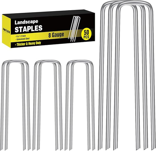HongWay 50 Pack 6 Inch Landscape Staples, 8 Gauge Garden Stakes Heavy Duty More Thicker Galvanized Tent Stakes, Lawns Yard Staples Wind-Resistant Ground Stakes for Hard & Rocky Soil, Pet Fence