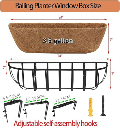 16'' Window Box Railing Planter with Coco Liner,2 Pack Horse Trough Planters Black Metal Hanging Flower Planters Basket for Porch Fence Patio Indoor Outdoor Lawn
