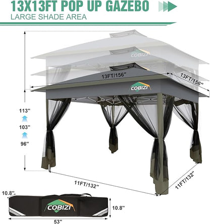 COBIZI Gazebo 13x13 Pop Up Canopy, Gazebos on Clearance - Canopy Tent with Mosquito Netting for Lawn, Garden, Backyard & Patio - Carpas para Patio- Water Resistant and UPF50+ (Gray)