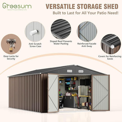 Greesum 10×14 FT Outdoor Storage Shed, Metal Storaged Sheds Without Floor, Tool Sheds with Lockable Doors and Sloping Roof for Garden, Patio, Brown