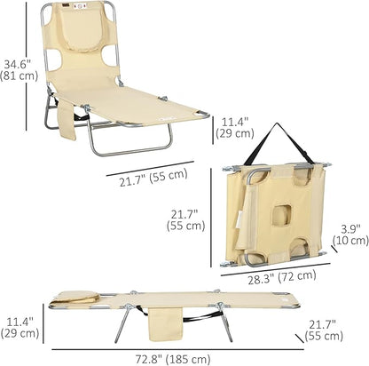 Outsunny Folding Beach Lounge Chair with Face Hole and Arm Slots, 5-Level Adjustable Sun Lounger Tanning Chair with Pillow for Patio, Garden, Beach, Pool, Beige