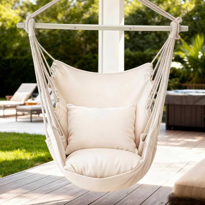 Hammock Chair with 2 Cushions, Beige Boho Macrame Rope Swing