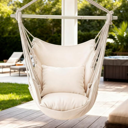 Hammock Chair with 2 Cushions, Beige Boho Macrame Rope Swing
