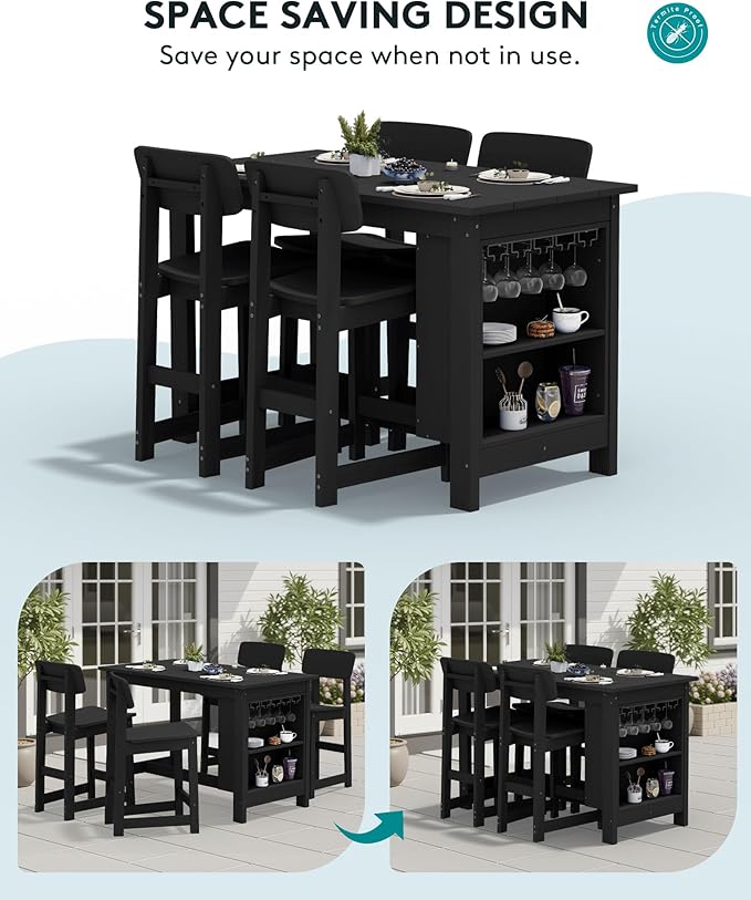 SERWALL 10-Piece HDPE Counter Height Dining Table Sets with Storage and Wine Rack, 2 Rectangular Bar Table with Bar Stools Set of 8 for Garden, Backyard, Kitchen, Black