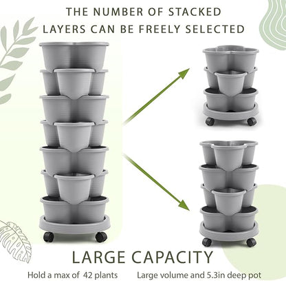 Umigy 2 Set Light Gray 7 Tier Stackable Vertical Planters with Removable Wheels and Tools Tower Planters Strawberry Herb Flower Vegetable Pots Indoor Outdoor Gardening Pots