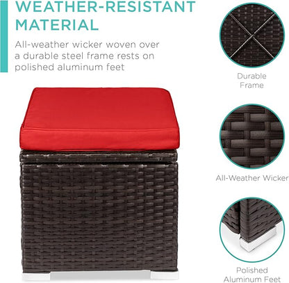 Best Choice Products Set of 2 Wicker Ottomans, Multipurpose Outdoor Furniture for Patio, Backyard, Additional Seating, Footrest, Side Table w/Storage, Removable Cushions - Red/Brown