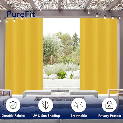 PureFit Outdoor Curtains for Patio Waterproof Weatherproof, UV Resistant Outside Curtains for Gazebo, Front Porch, Pergola, Sun Blocking Privacy Curtain, 52W x 120L inch, 1 Panel, Yellow