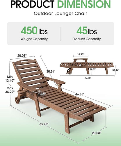 Lounge Chair Outdoor Set of 2, HDPE Chaise Lounge Outdoor with 5-Position & Wheels &Cup Holder, Pool Lounge Chair for Pool Poolside Deck Backyard Patio, Brown