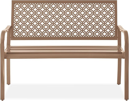 Best Choice Products Outdoor Bench 2-Person Metal Steel Benches Furniture for Garden, Patio, Porch, Entryway w/Geometric Backrest, 790lb Capacity - Taupe